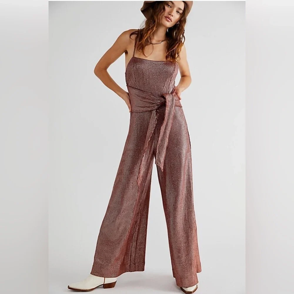 Free people bronze shimmery wide leg jumpsuit Xs